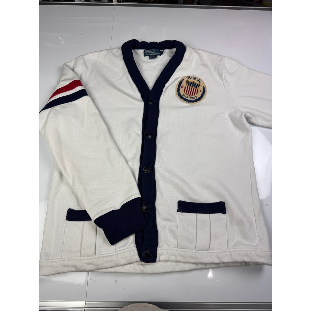 Polo Ralph Lauren USA 1945-1947 Fleece Cardigan Sweatshirt Cream Mens L AS IS